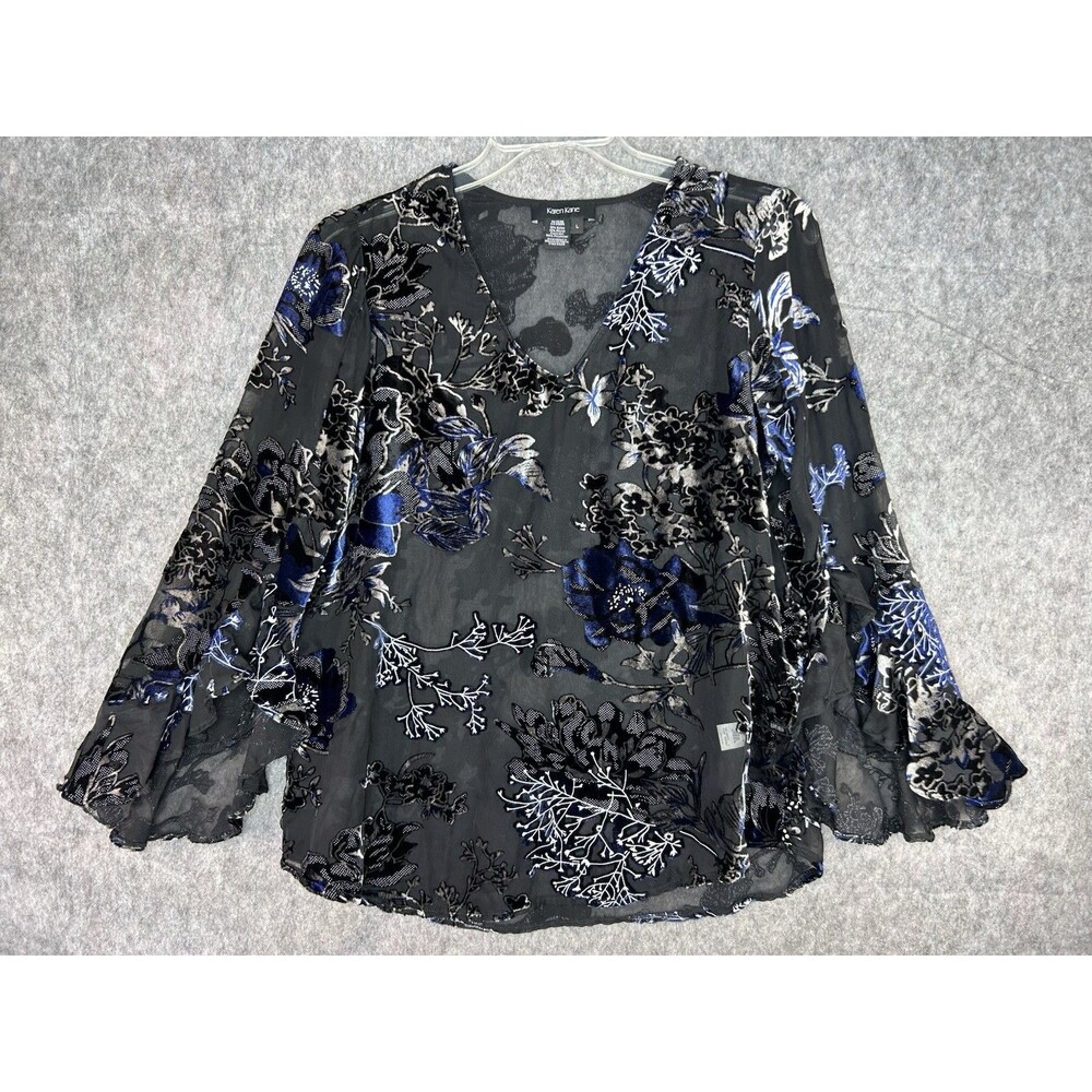Karen Kane Velvet Floral Sheer Mesh Ruffle Sleeve Top V-Neck Whimsigoth Sz L